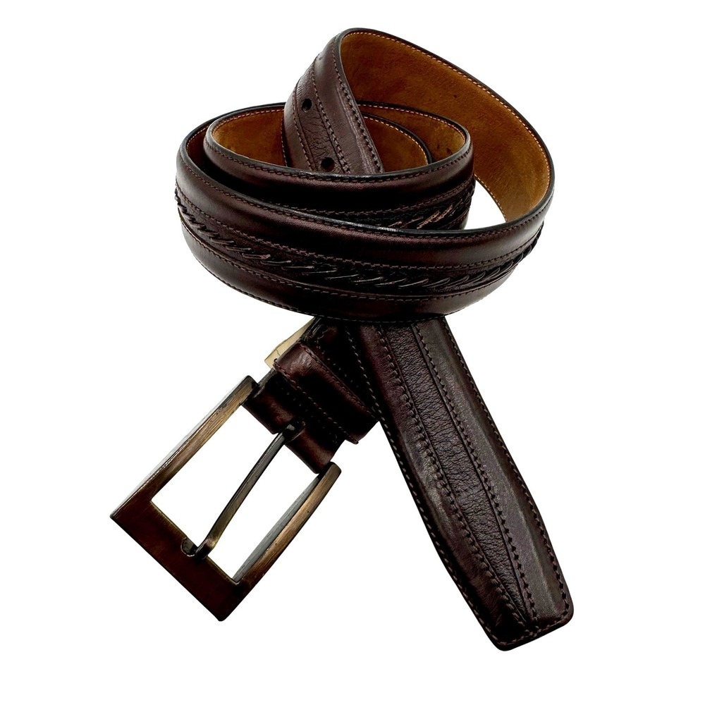 Mezlan 4929 Leather Belt Braided Detail Made in Spain Mens 34 Brown Retro Office